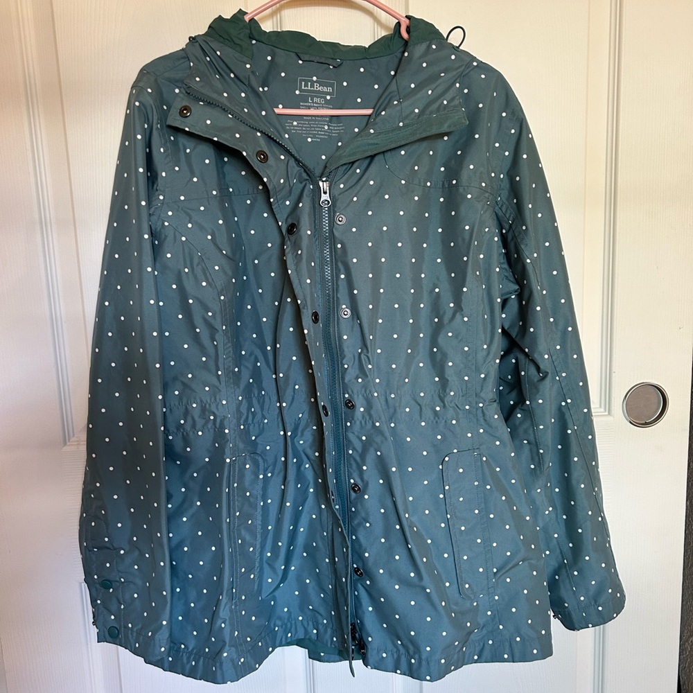 L.L.Bean green polka dot rain jacket